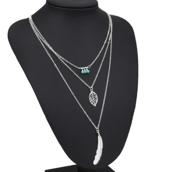 Boho Turquoise Leaf Feather Layered Necklace (#2) - Picture 10 of 13